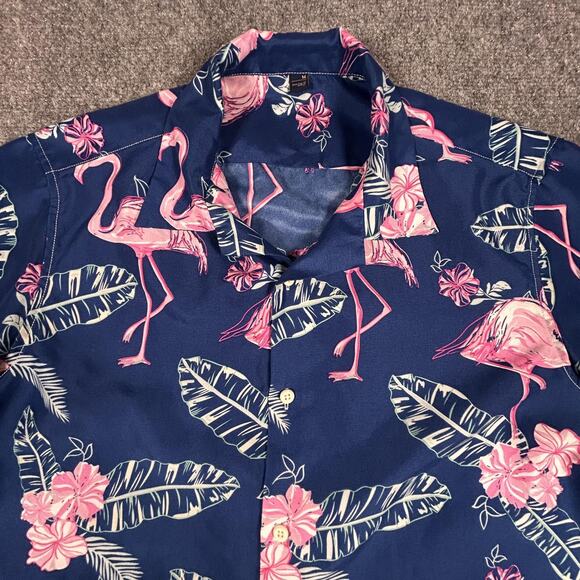 Flamingo Hawaiian Shirt Mens Medium Tropical Floral Button Up Party Summer Casua - Picture 2 of 7